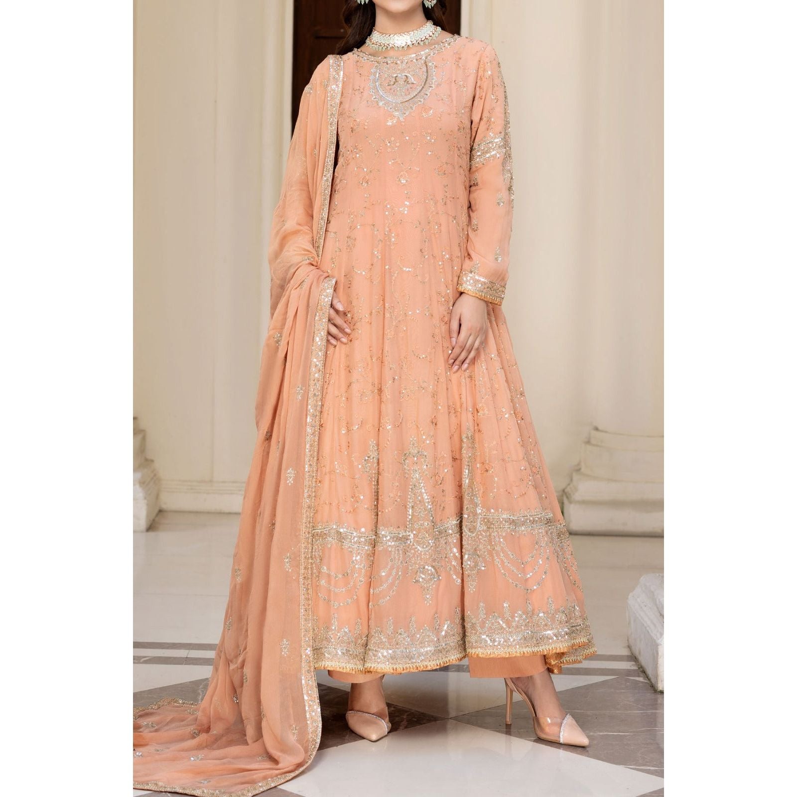 orange embroidered dress Floral Embroidered Midi Dress with 3D Appliqus