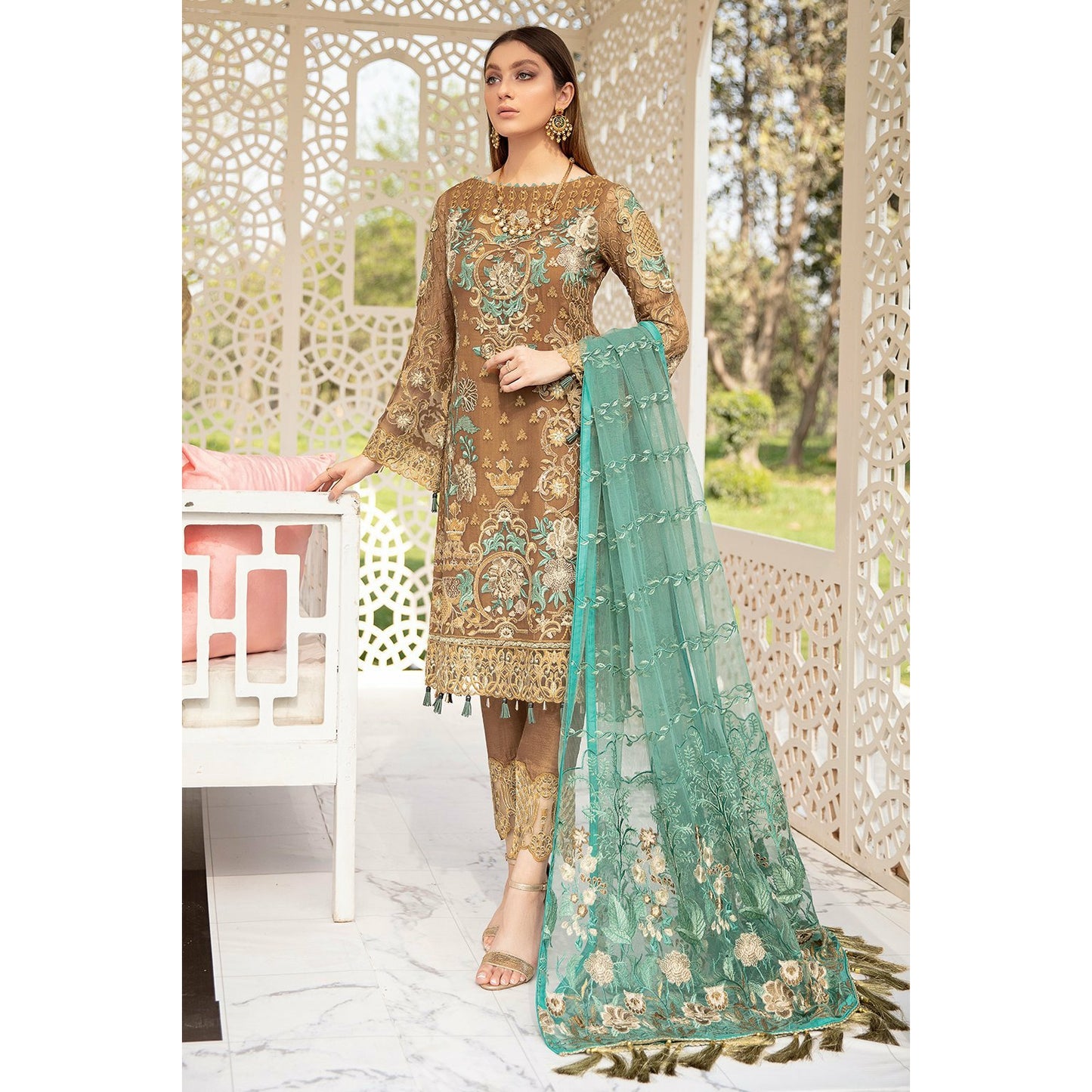Brown embroidered chiffon 3 piece suit