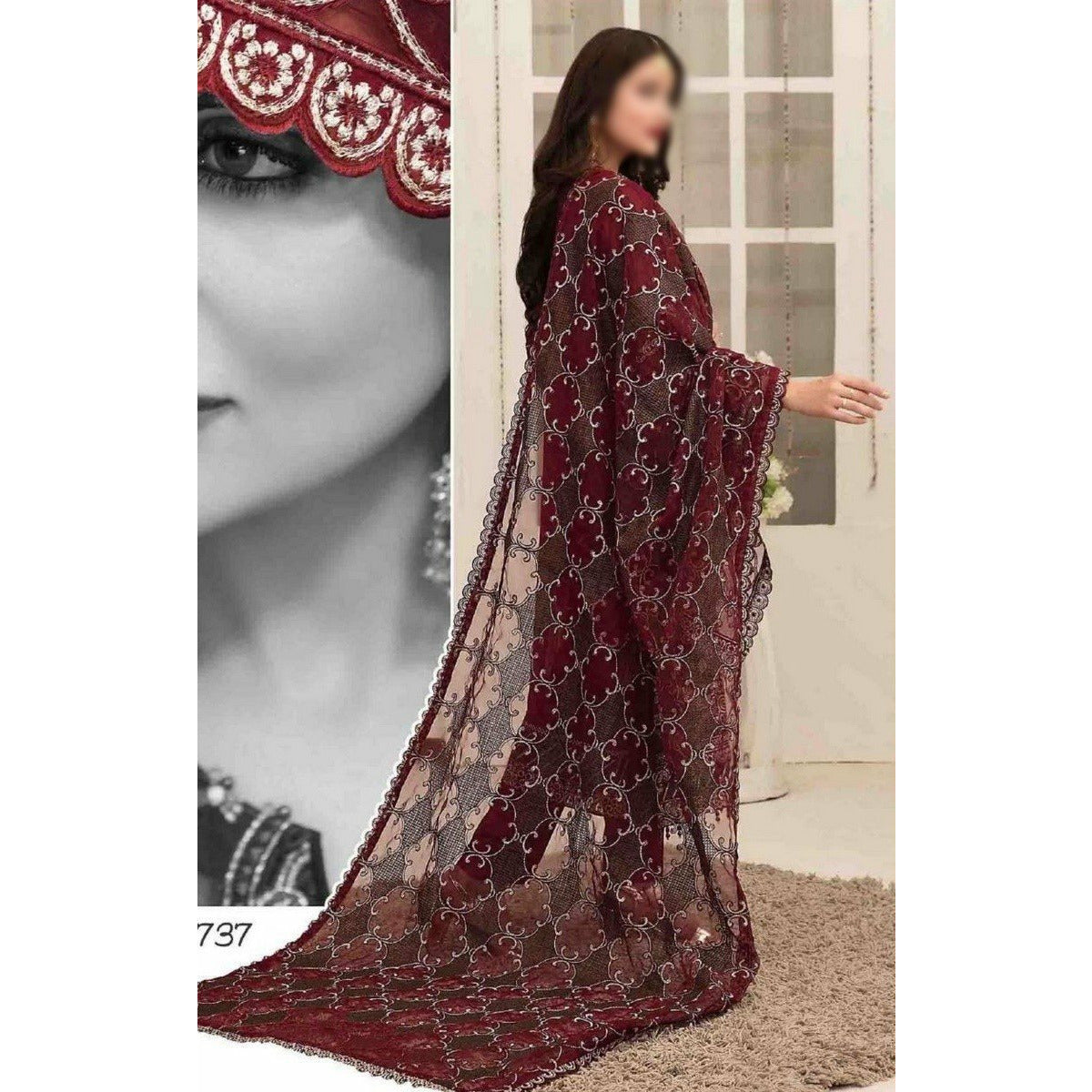 Maroon embroidered crinkle chiffon/net Shirt