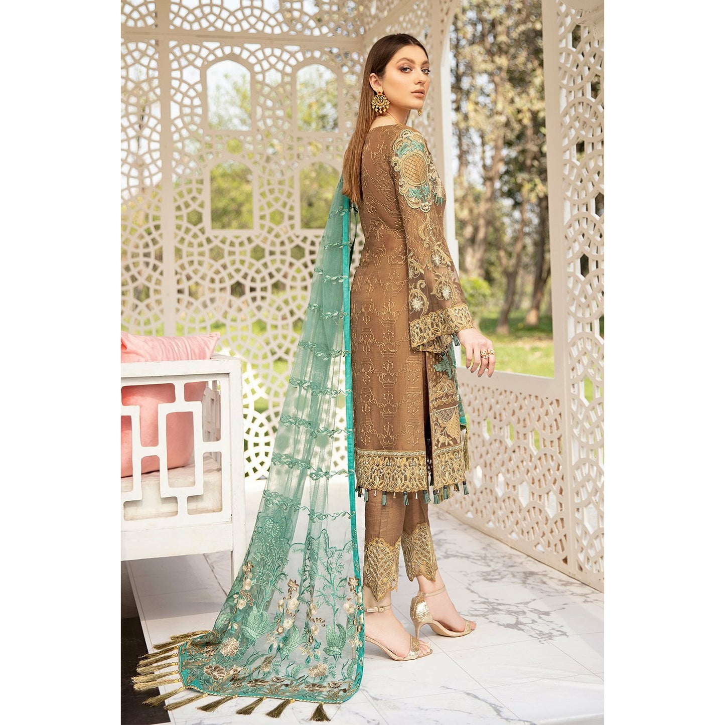 Brown embroidered chiffon 3 piece suit