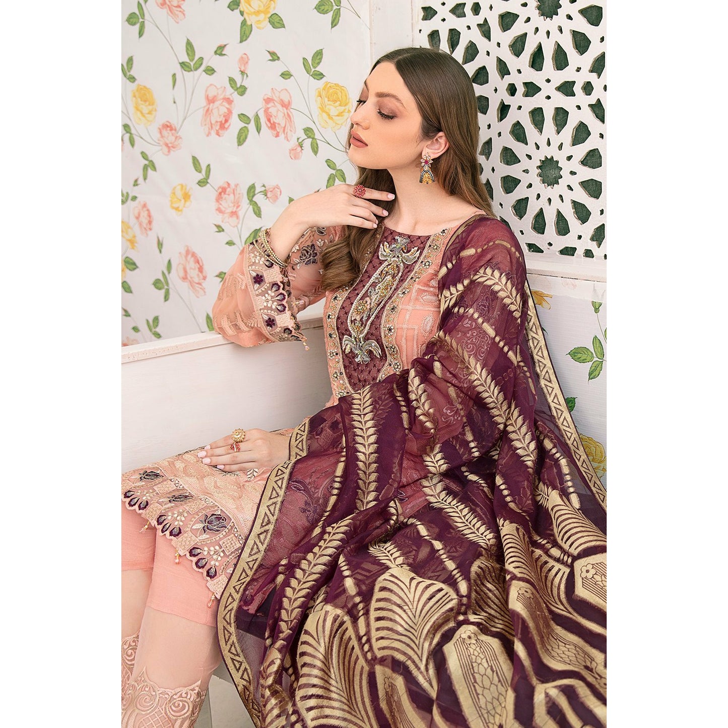 Chiffon dress with raw silk trouser