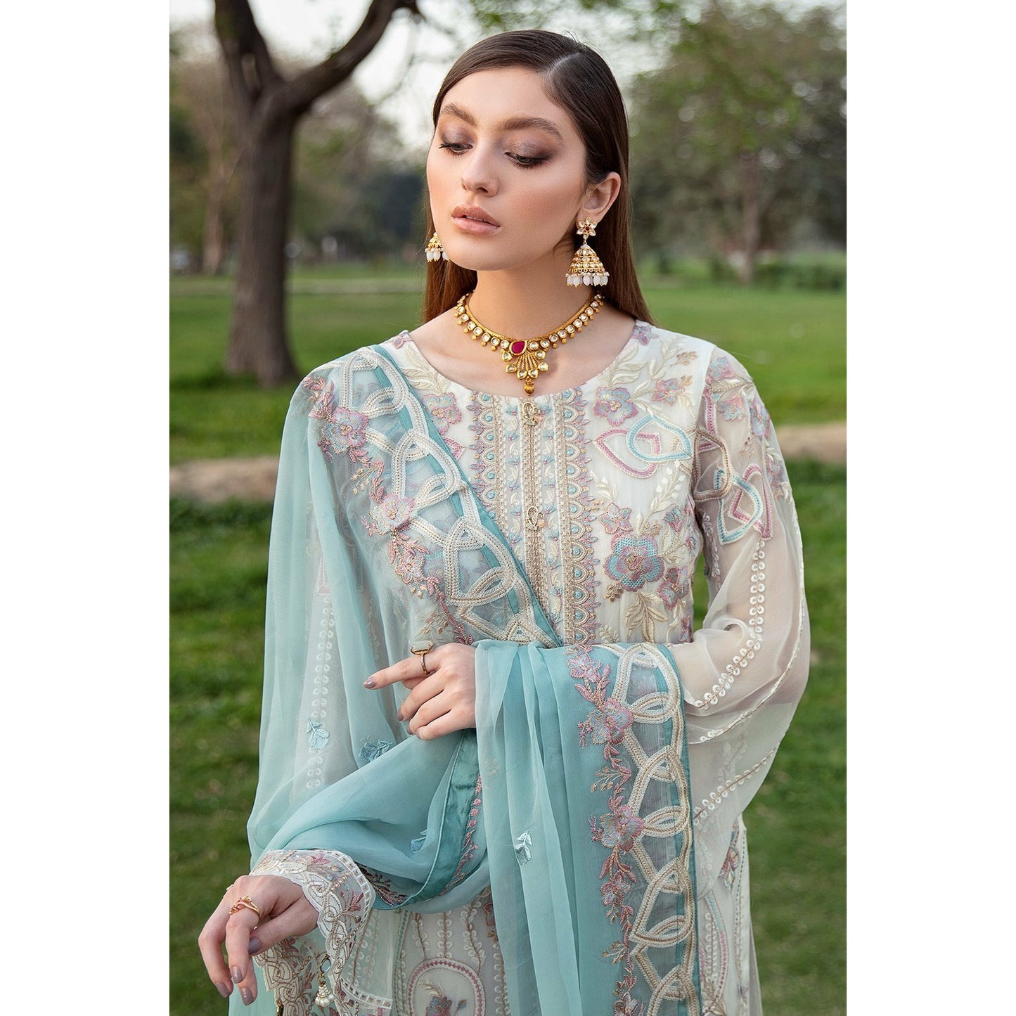 White embroidered luxury chiffon dress