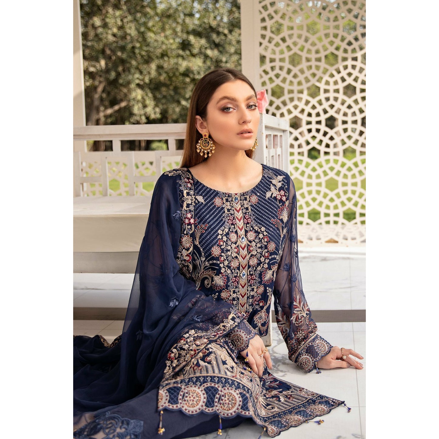 Blue embroidered luxury chiffon dress