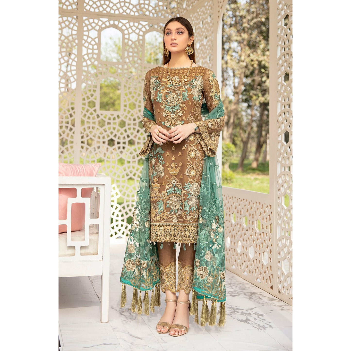 Brown embroidered chiffon 3 piece suit