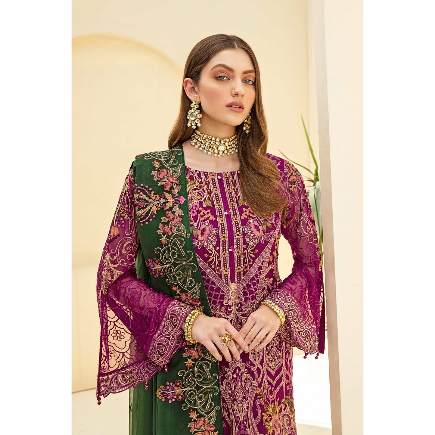 Purple embroidered chiffon dress