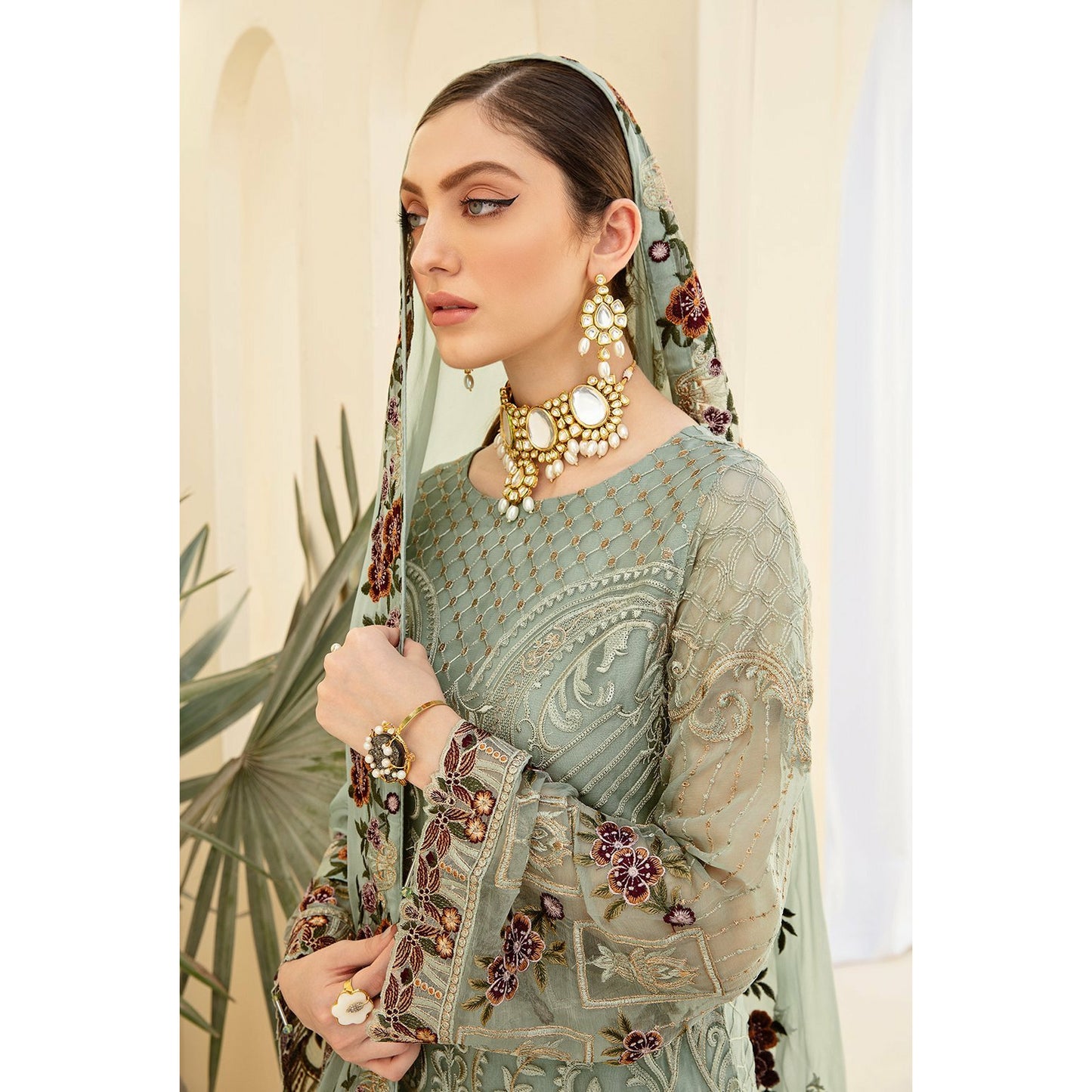 Green embroidered chiffon dress