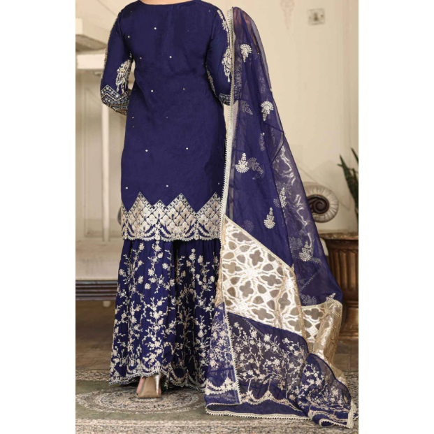 Royal blue viscous sharara and organza mid_lenght shirt