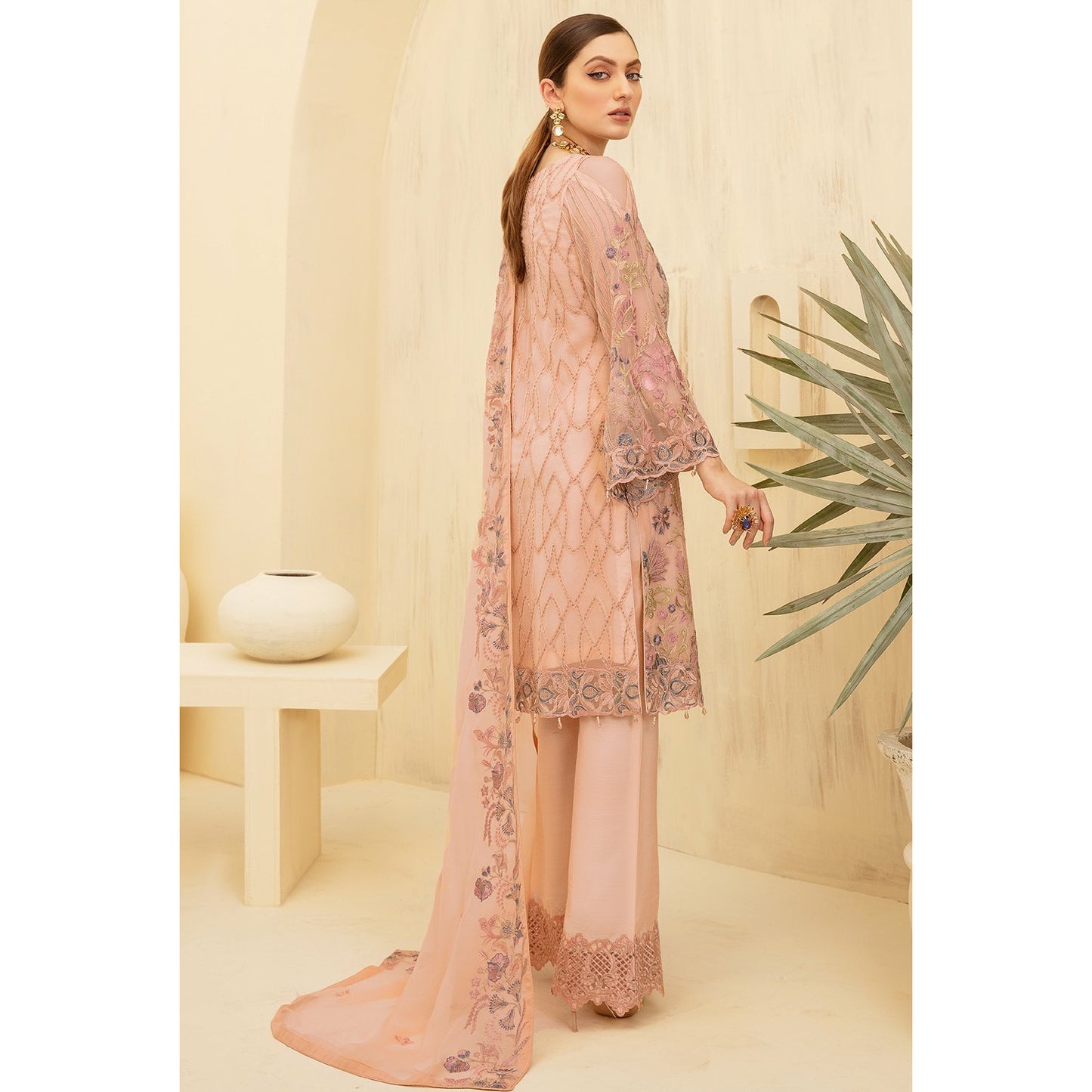 Peach embroidered chiffon dress