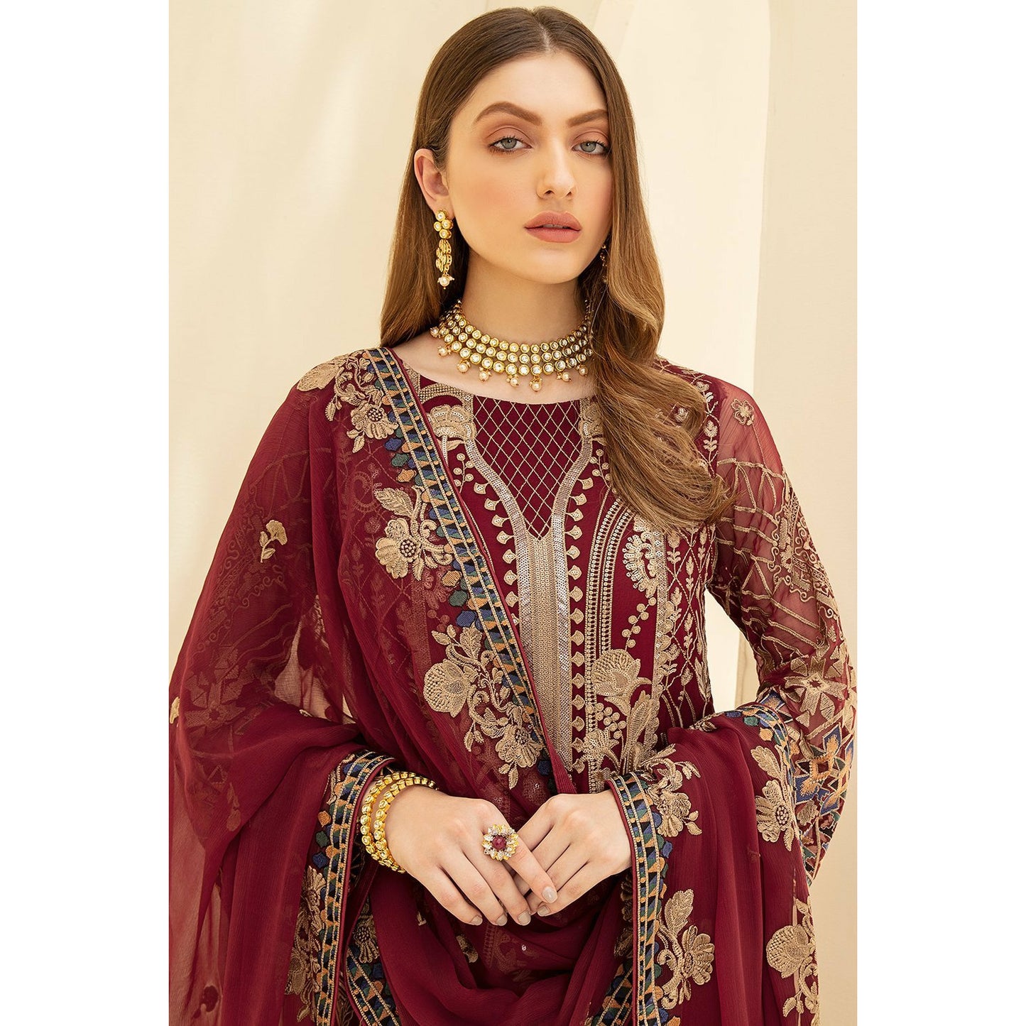 Maroon embroidered chiffon dress
