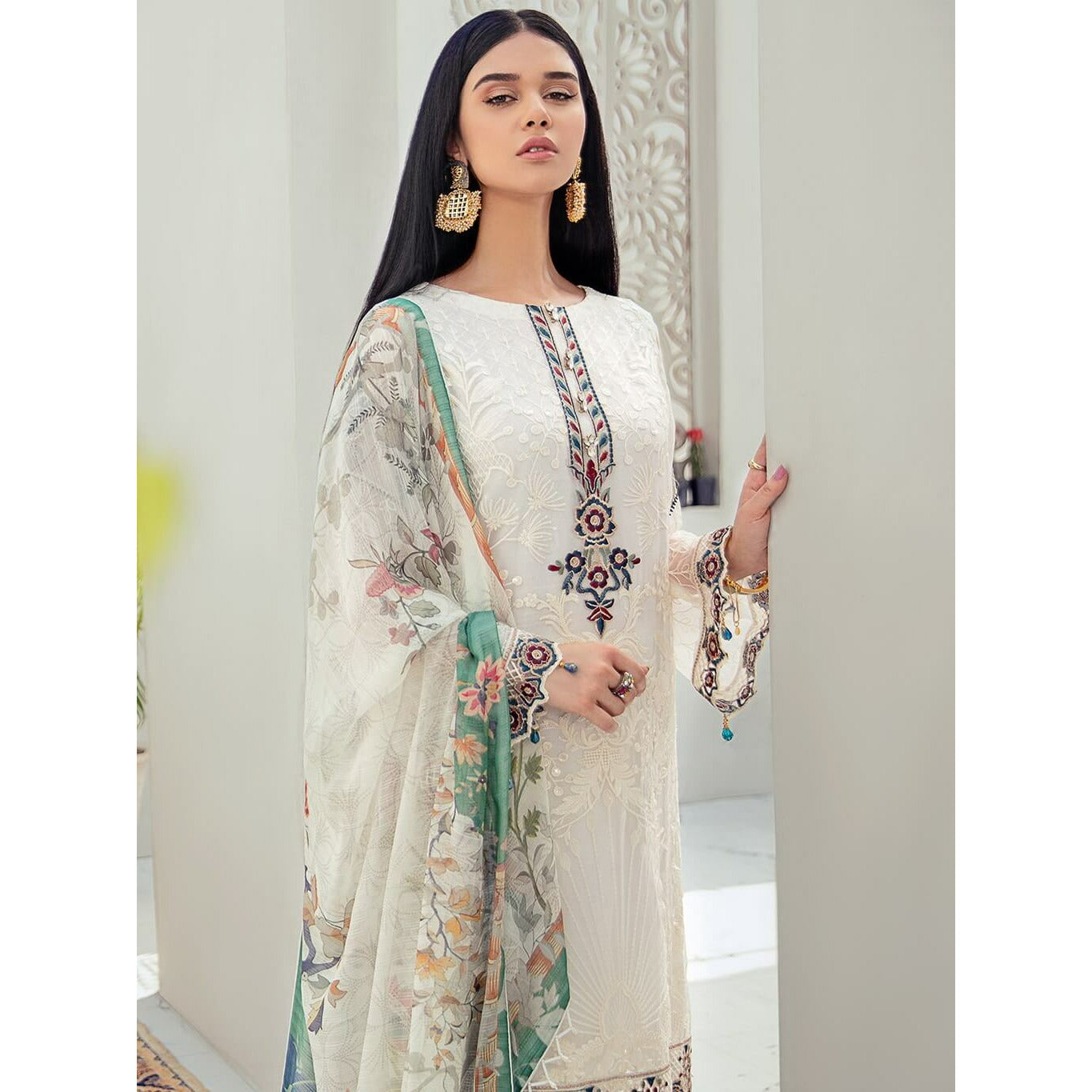 White embroidered 3-Pc chiffon dress