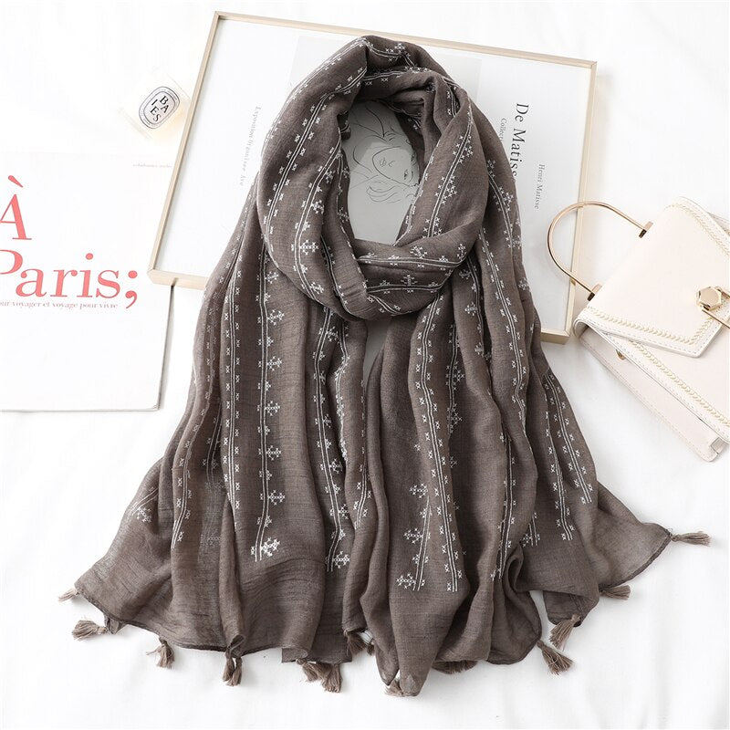 High Quality Cotton Women Scarf Hijab Shawls Lady Wraps Solid Embroidery Foulard Warm Pashmina Femme Winter Scarves Bufanda 2021