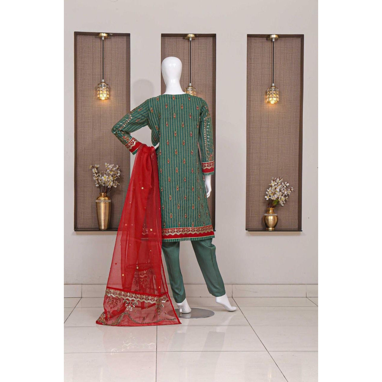 Green with red Dupata - couturebyfarah