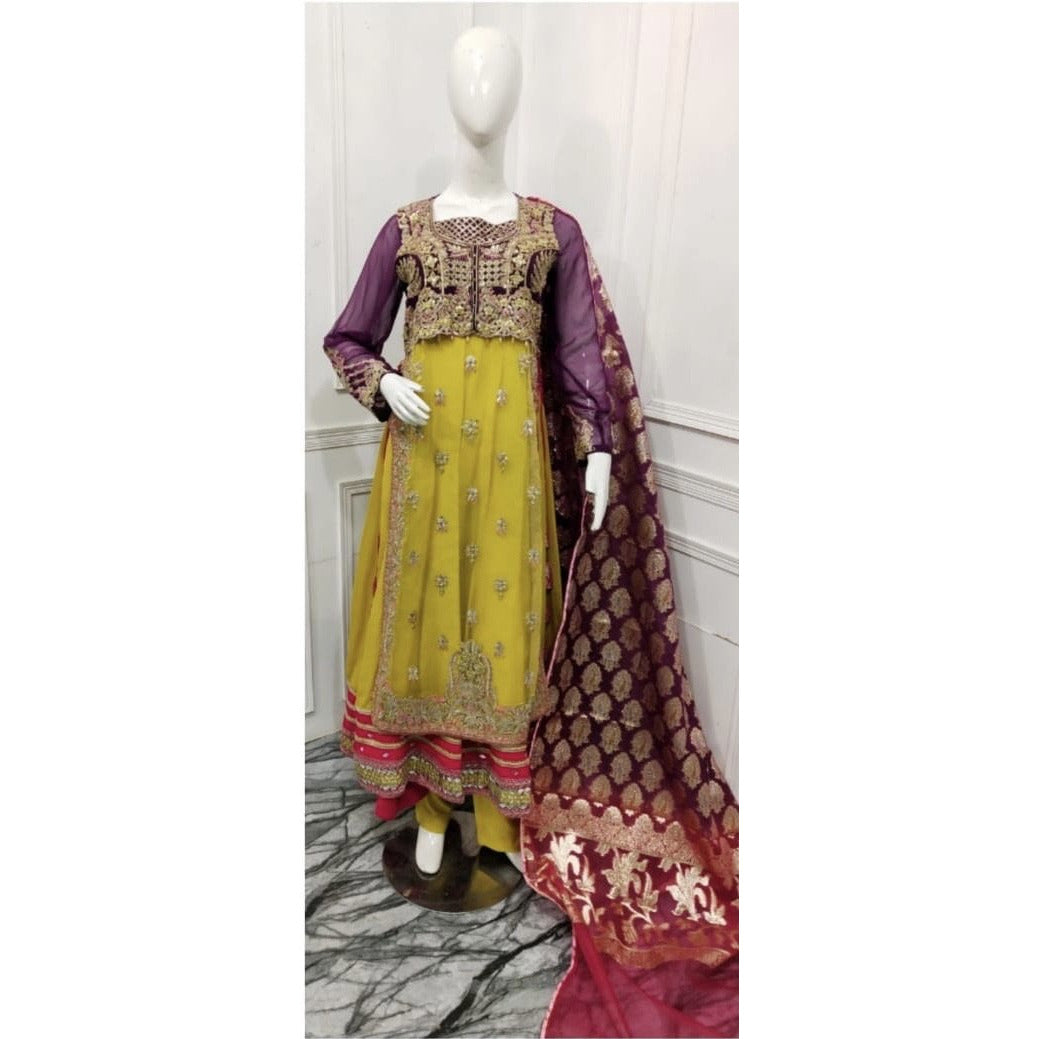 yellow and purple dress pakistani Embroidered Lehenga Lacha Set | Ombr Yellow-Magenta Indian Wedding Dress