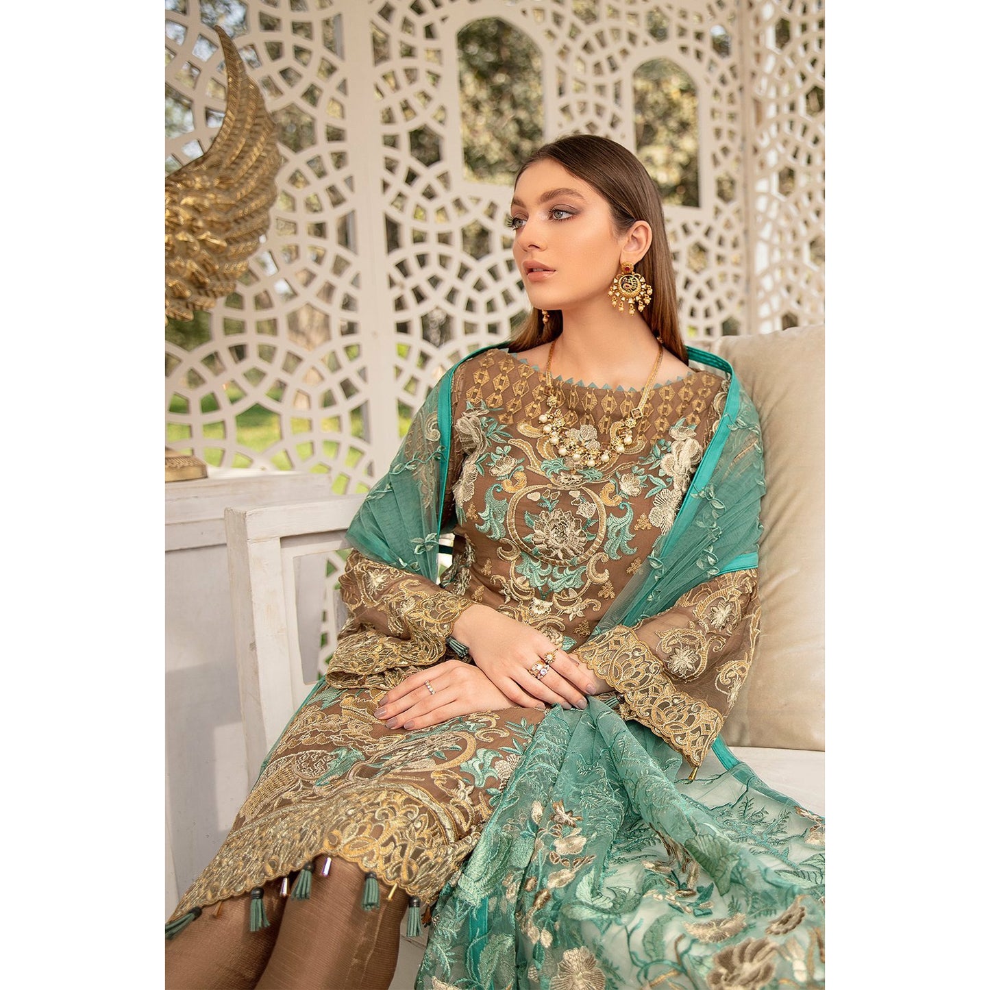 Brown embroidered chiffon 3 piece suit